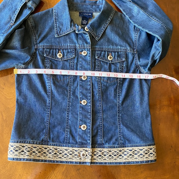 Ann Taylor denim jacket crochet embroidered hem petite small - Picture 9 of 16